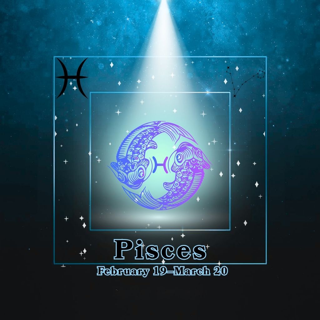 Pisces zodiac sign with constellation design – dreamy and calming cover for the Pisces Collection by Gitana Mystical Products.
