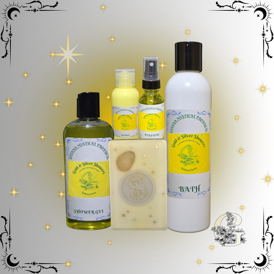 Gold & Silver Gift Set – radiant handcrafted collection featuring bath, soap, lotion, shower gel, and perfume blending golden warmth and silver brightness for balance and renewal.
